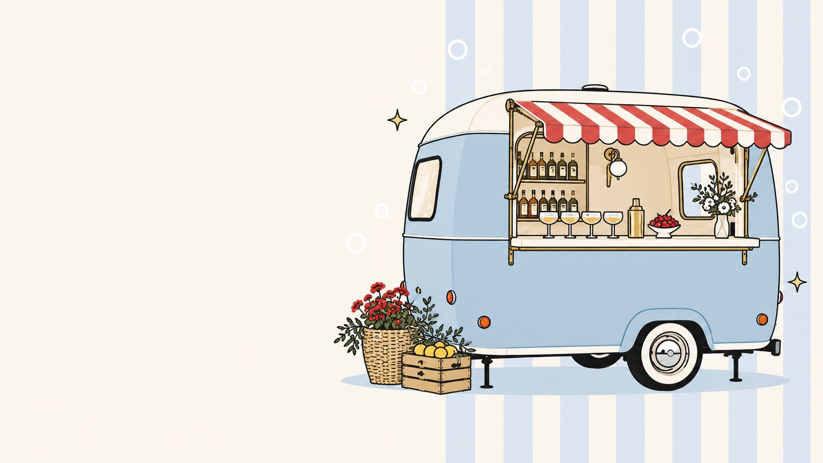 Whimsical powder-blue mobile cocktail bar with a red striped awning